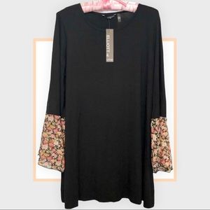 Black + Pink Floral Chiffon-Sleeve Tunic